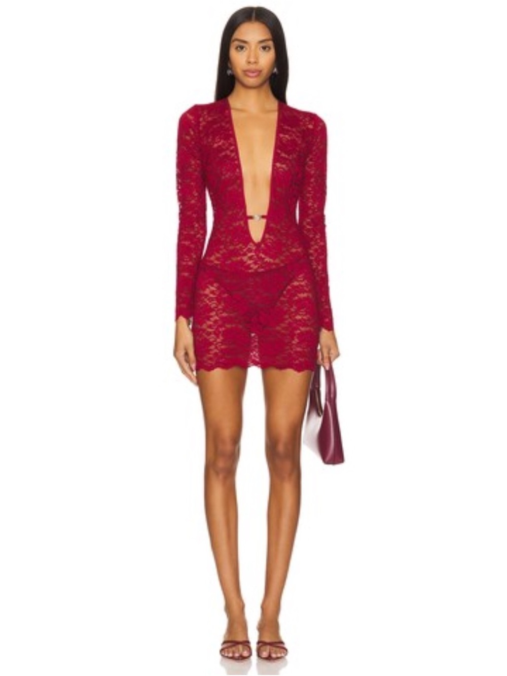 SUPERDOWN Violetta Lace Sheer Plunging Neckline Mini Dress in Red Size S